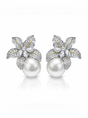 Gold Crystal Floral Pearl Drop Earrings